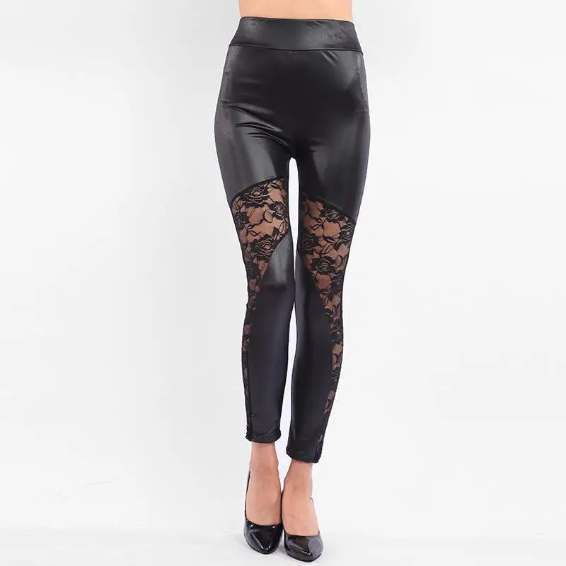 Lace Leather Patchwork Crop Pants Leggings — Black | KIMLUD
