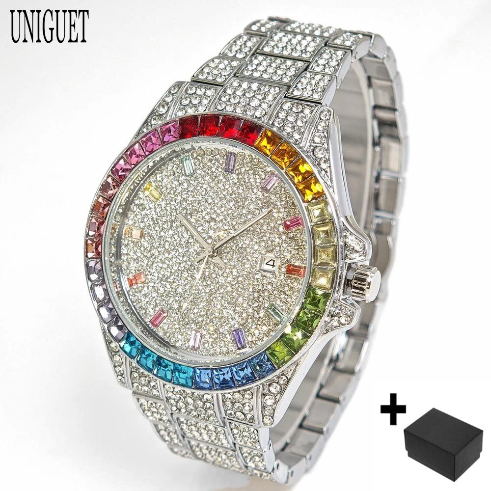 Gold Stainless Steel Watch Rainbow Diamond — Gold | KIMLUD