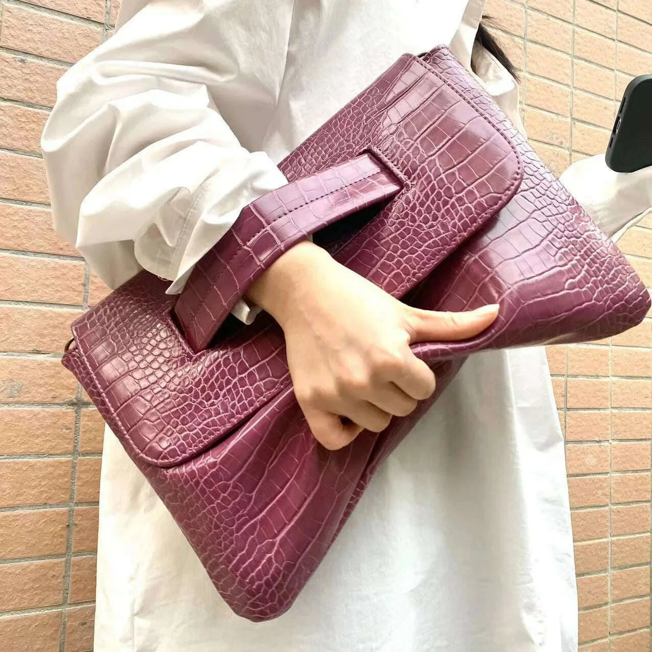 KIMLUD, Fashion New Storage Bag Document Bagluxury Crocodile Pattern Women's Briefcase,large Capacity Solid,ladies Simple Clutch Bag, KIMLUD Womens Clothes