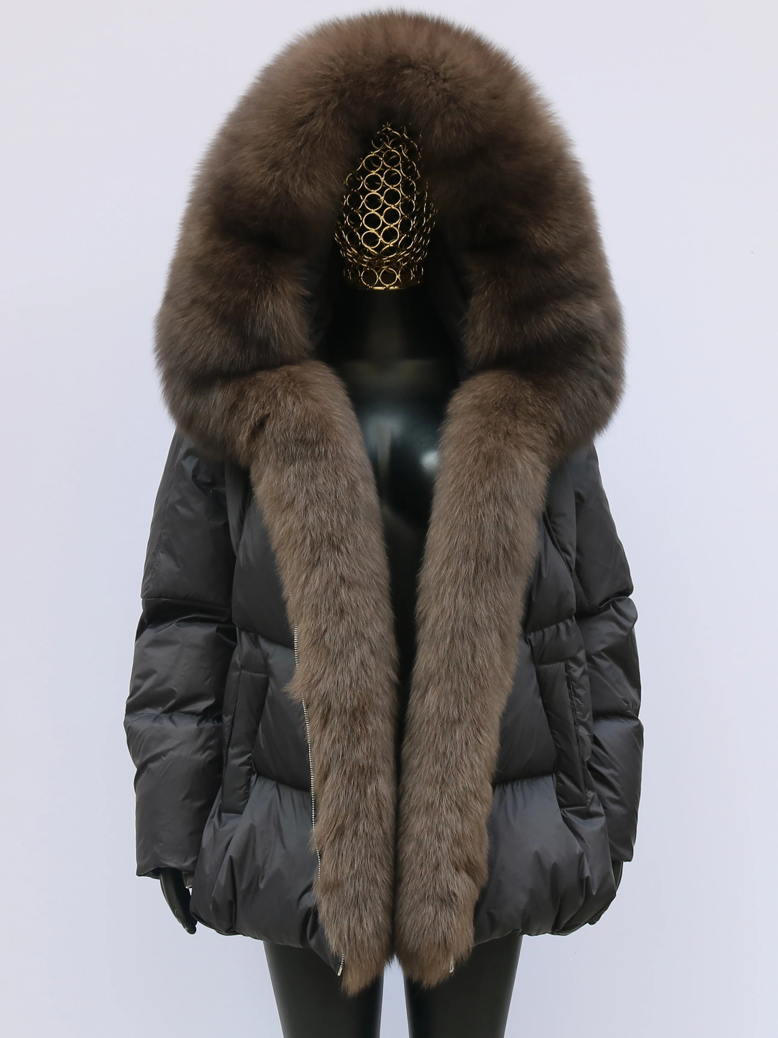 New Fashion Outerwear Puffer Jacket 2024 Women Coat White Duck Down Jacket Super Large Real Silver Fox Fur Collar Hooded