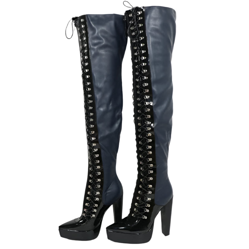 Sorbern Navy Blue Long Boots Women Fetish Style Block High Heel Pointed Toe Lace Up D-Hooks Mid Thigh High Boots Female Shoes