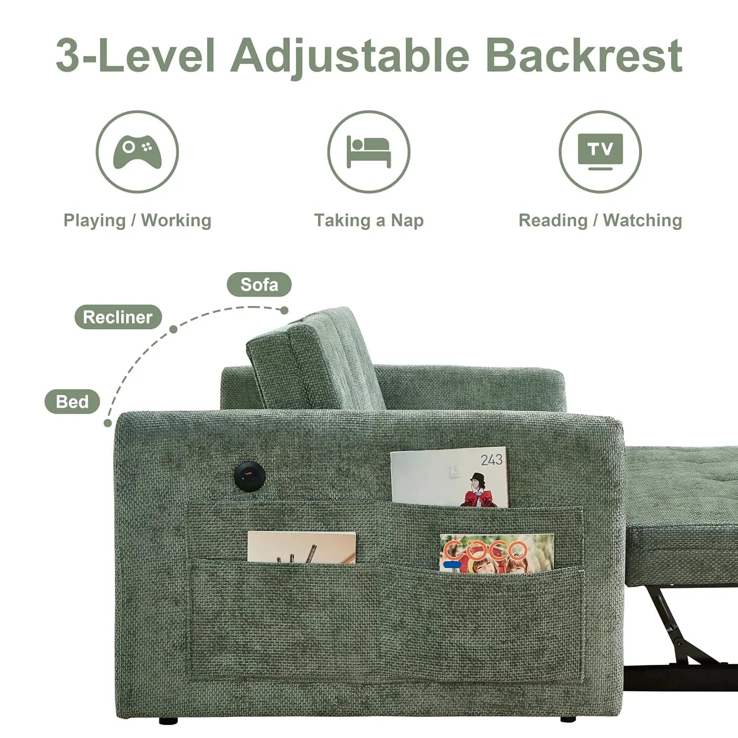 Minimalist Modern Convertible Sofa Bed With Cup Holder — Sage | KIMLUD