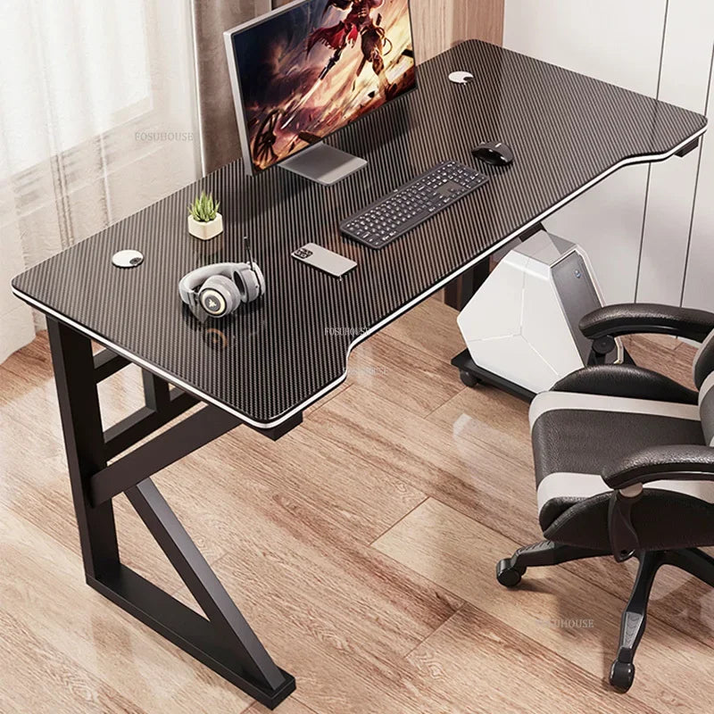 Metal Frame Modern Simple Office Desk Rectangular Work Surface With LED Edge — Black | KIMLUD