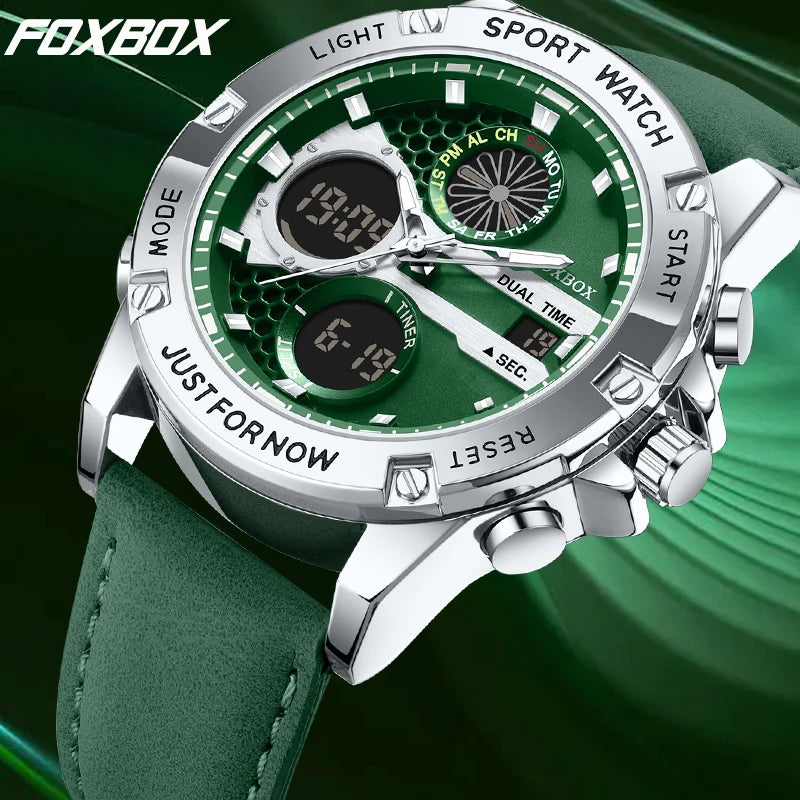 LIGE FOXBOX Fashion Electronic Watches for Men Leather Military Casual Sports Waterproof Dual Digital Display Quartz Chronograph