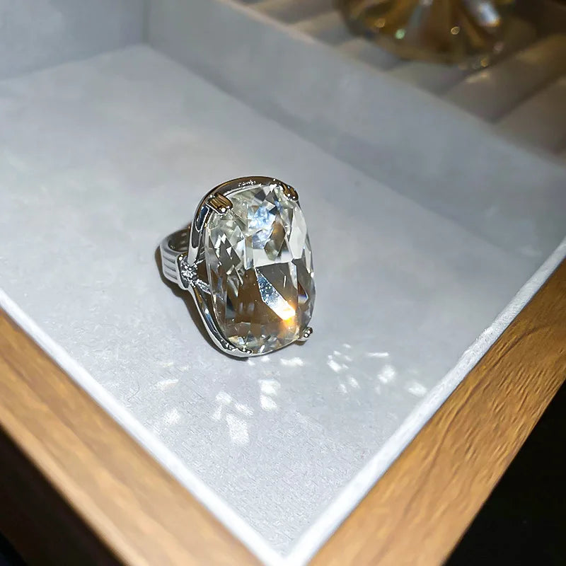 Rings Big Oval Clear Crystal Glass Open Rings — Clear | KIMLUD