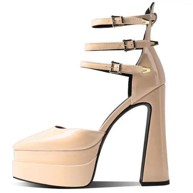 European/american Style Summer Thick Heels High Heels Wrapped Sandals Women's Pointed Belt Buckle Fashionable Women's Shoes