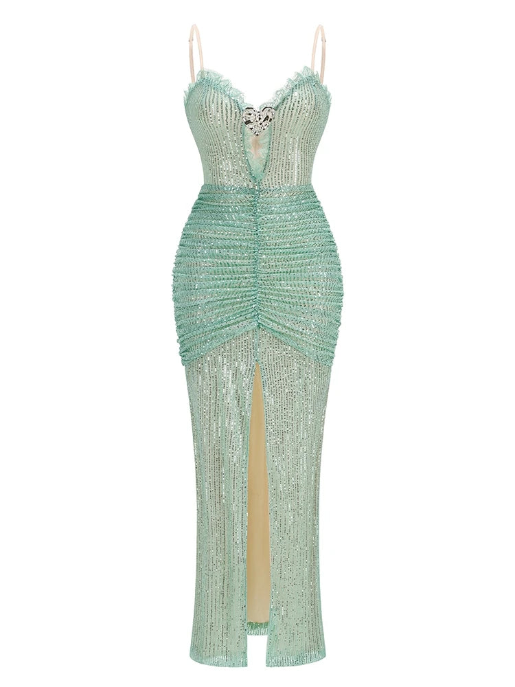 Sexy Sleeeelsss Spaghetti Strap Hollow Out Lace Patchwork Long Dress Women Elegant Sequined Ruched Split Evening Party Dresses