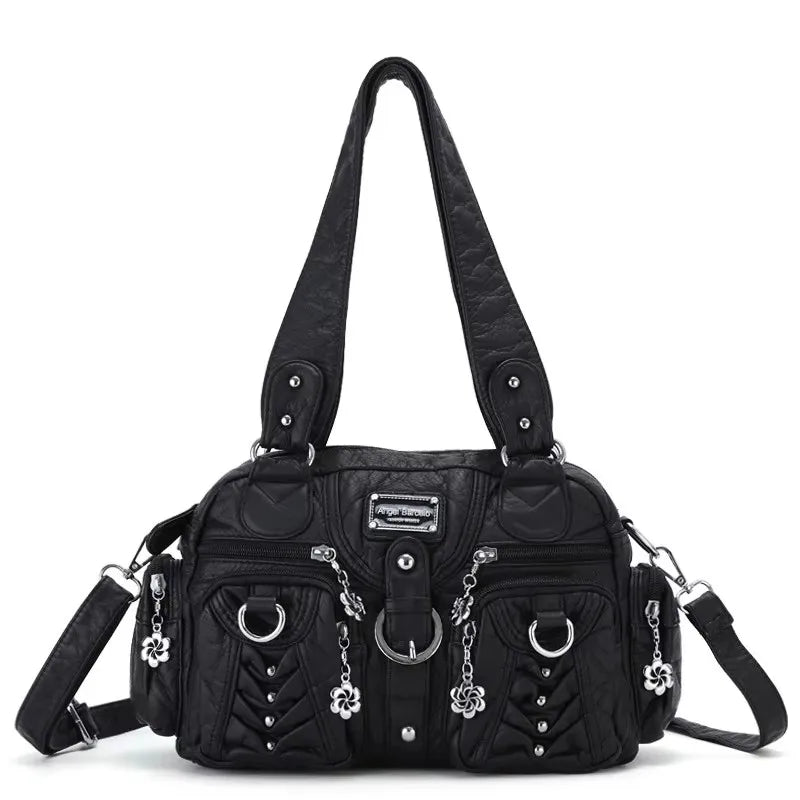 PU Satchel Top-Handle Dumpling Bag — Black | KIMLUD