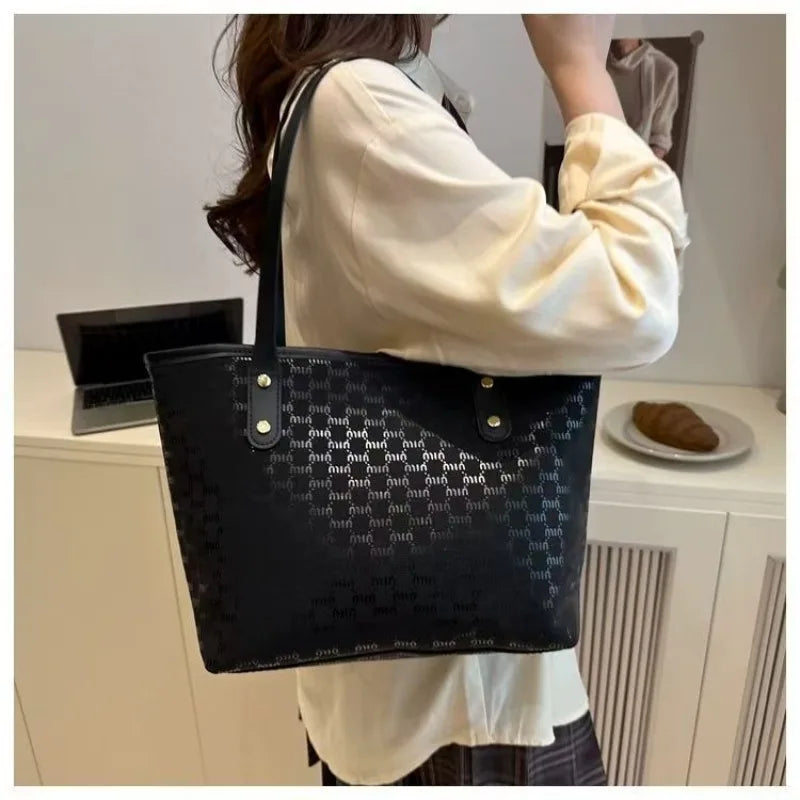 Textured Canvas Tote Handbag With Checkered Design — Black | KIMLUD