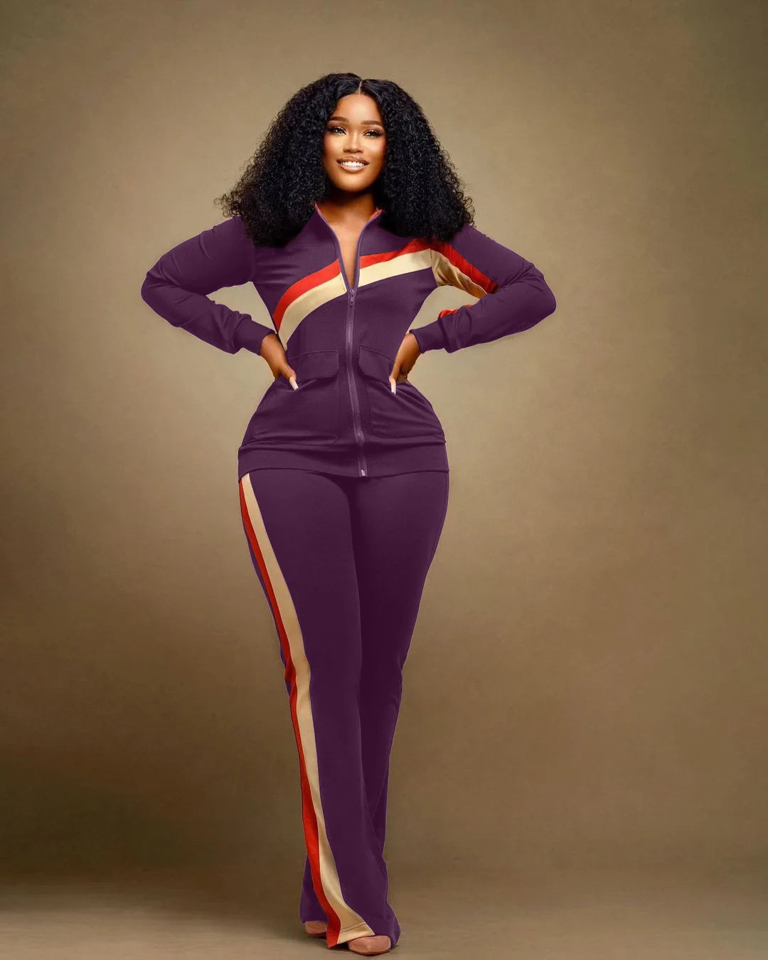 Custom LOGO Spring  Women's Sports Casual Fashion Color-matching Pocket Lapel Zipper Top Straight Pants Two-piece Set S-4XL