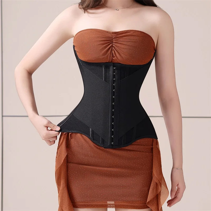 U-Shaped Steel Boned Waist Trainer Corset Buttoned Closure — Beige | KIMLUD