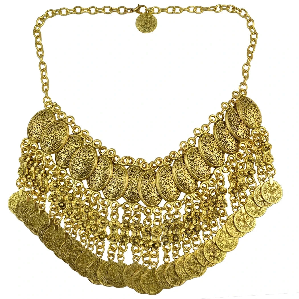 Afghan Bohemian Jewelry Set – Coin Tassel Necklace Earrings – Gold & Silver | KIMLUD