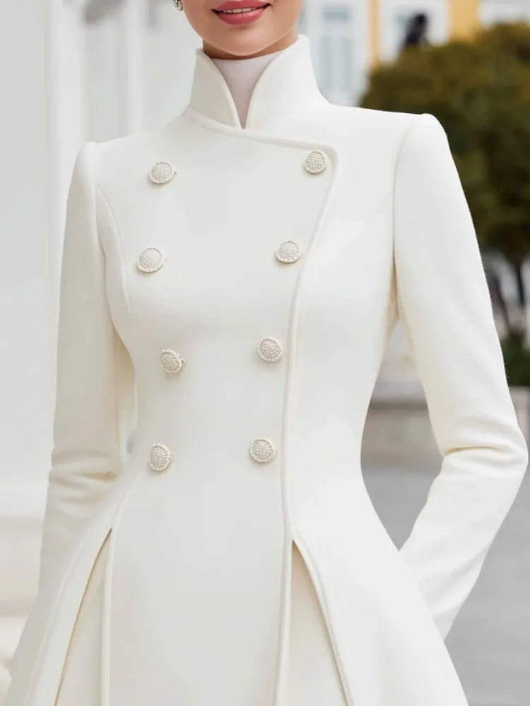 Double Breasted Stand Collar Overcoat Dress – Polyester Midi | KIMLUD