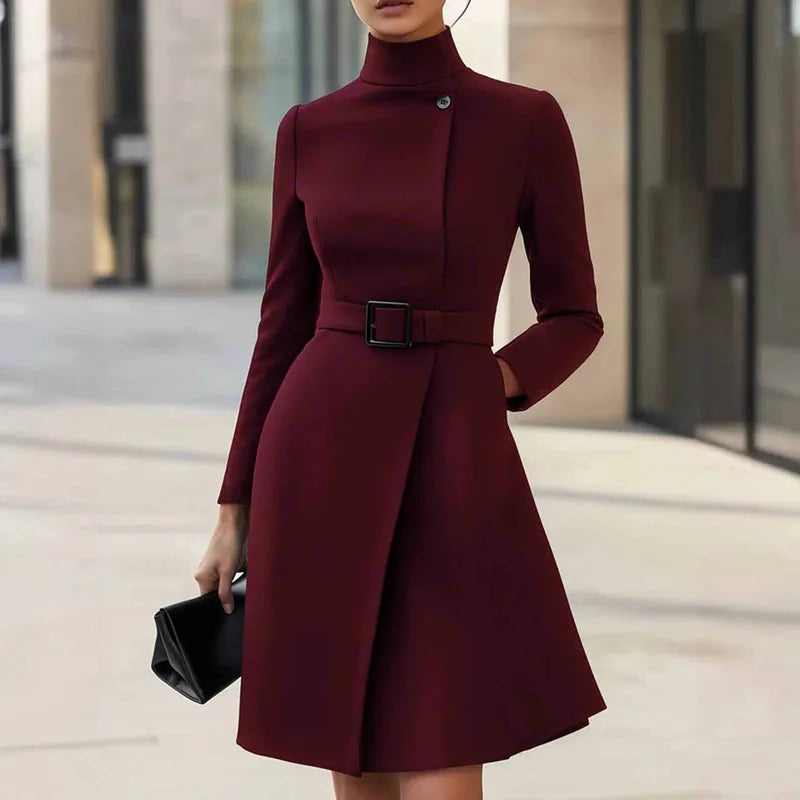 Autumn Winter Turtleneck Solid A-Line Dress Elegant Button High Waist Pocket Office Dress Woman Long Sleeve Casual Party Dresses
