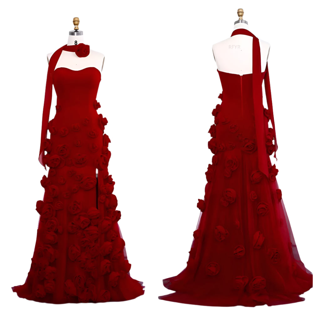 KIMLUD, RFYR Pink Mermaid Charming Prom Dress 3D Flower Formal Gown Sleevesless Evening Gown with Side Slit vestidos de noche Customized, KIMLUD Womens Clothes