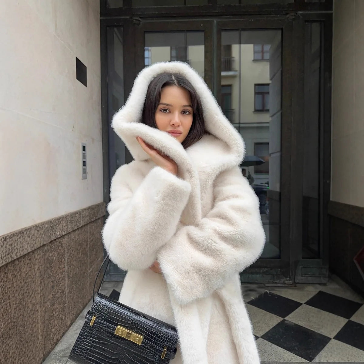 Faux Fur Coat – Hooded – Regular Length – Artificial Fur | KIMLUD
