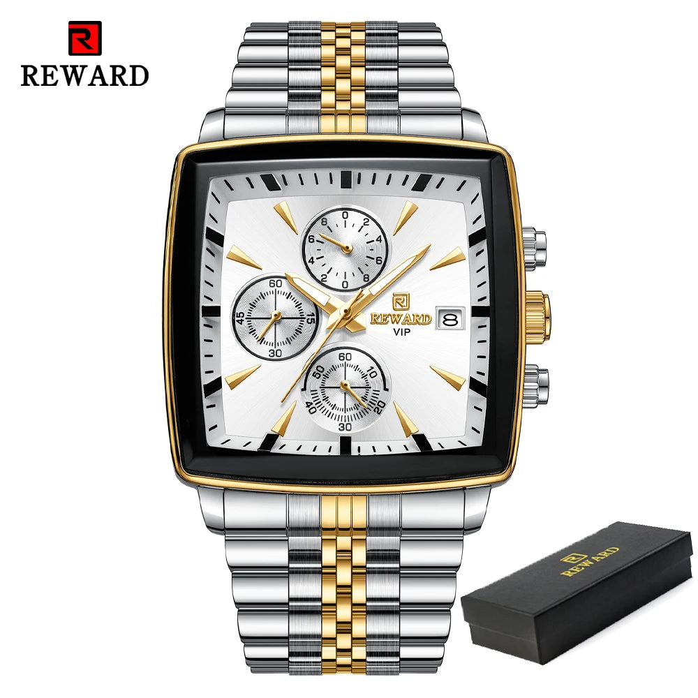 REWARD Fashion Square Dial Watch for Men Stainless Steel Waterproof Quartz Chronograph Mens Watches Luxury Sport Male Clock