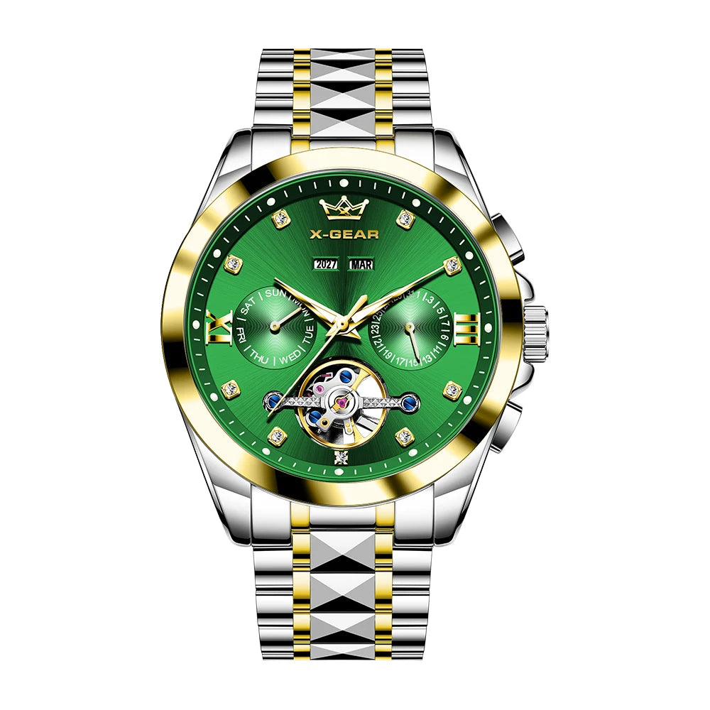 Men's Automatic Mechanical Watch with Tourbillon Waterproof Luminous Stainless Steel Strap Luxury Multi-Functional Timepiece
