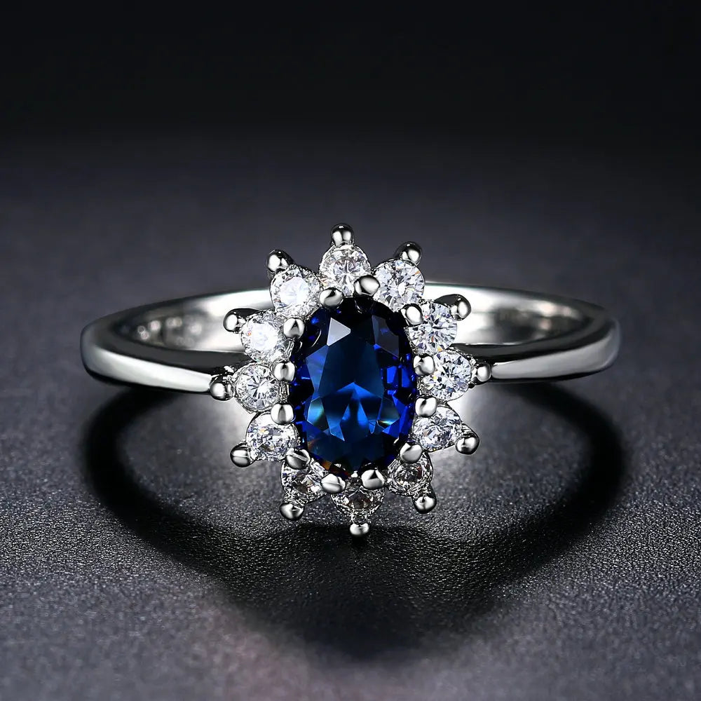 Cubic Zirconia Ring Twilight-Blue Center Stone Halo Setting Engagement Bridal Ring — Blue | KIMLUD