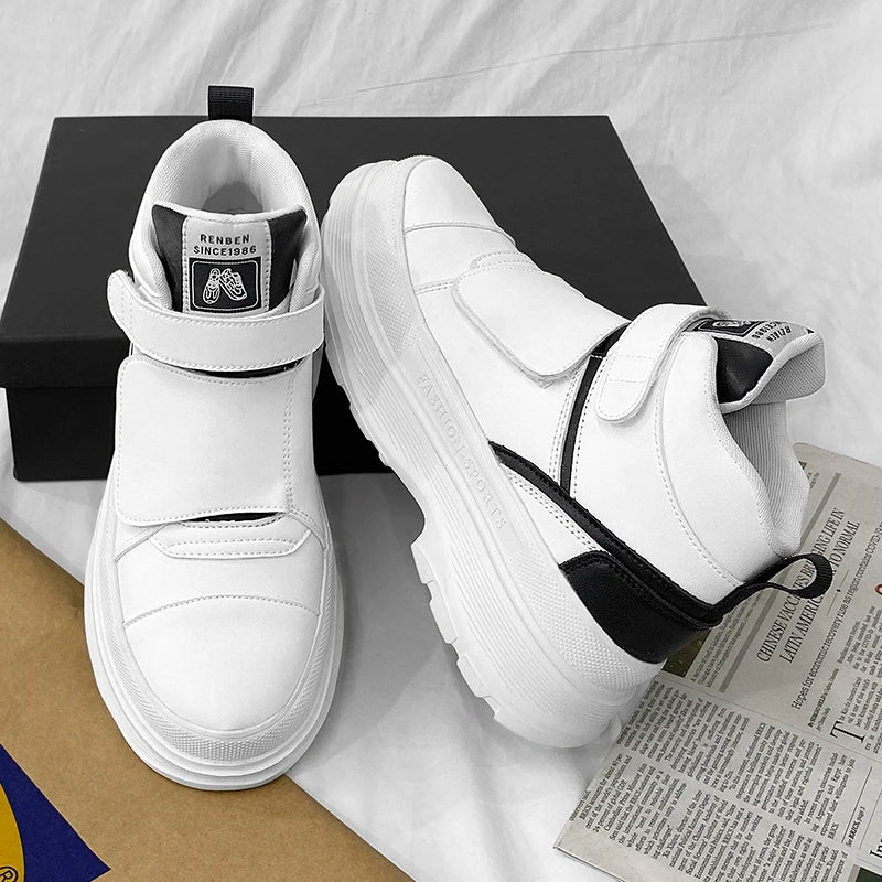 Autumn Men Casual Sneakers Leather Chunky Platform High-top Shoes Ankle Boots Magic Tape Sneakers Male Breathable Sport Shoes 44