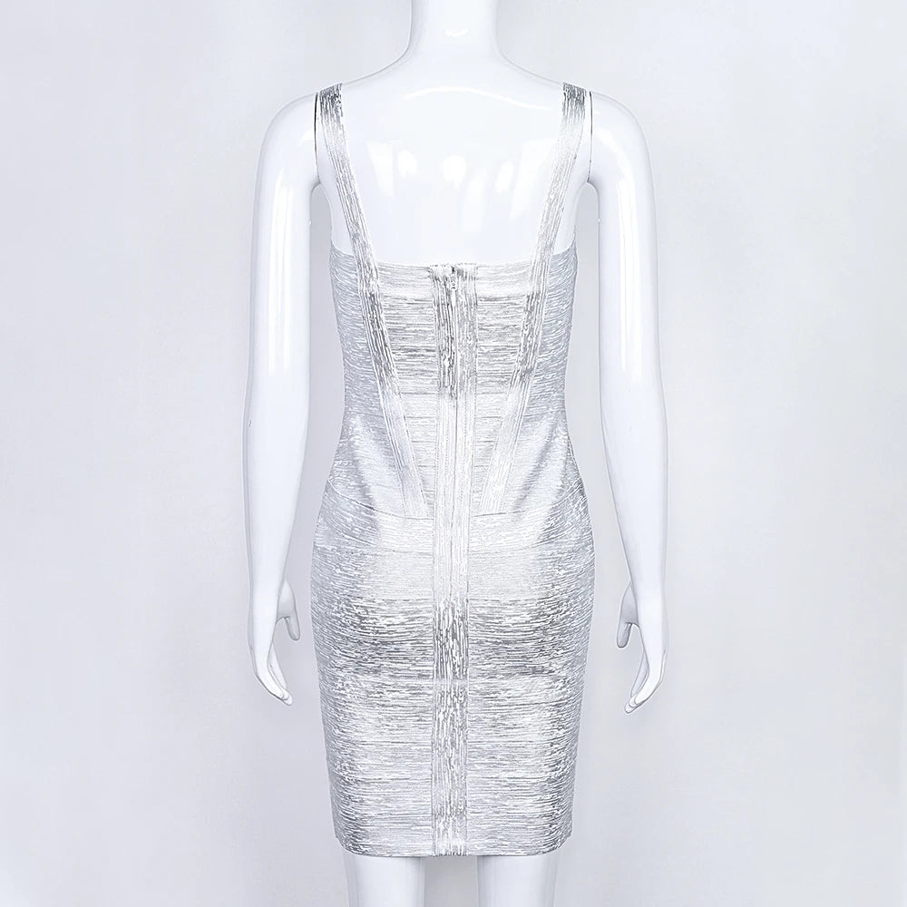 Metallic Bandage Dress Spaghetti Strap Foil Print Mini — Gold | KIMLUD
