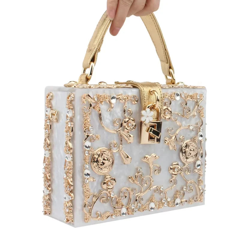 Acrylic Box Clutch Rhinestone Embroidery Champagne-Gold Double-Row Detailing — Ivory | KIMLUD