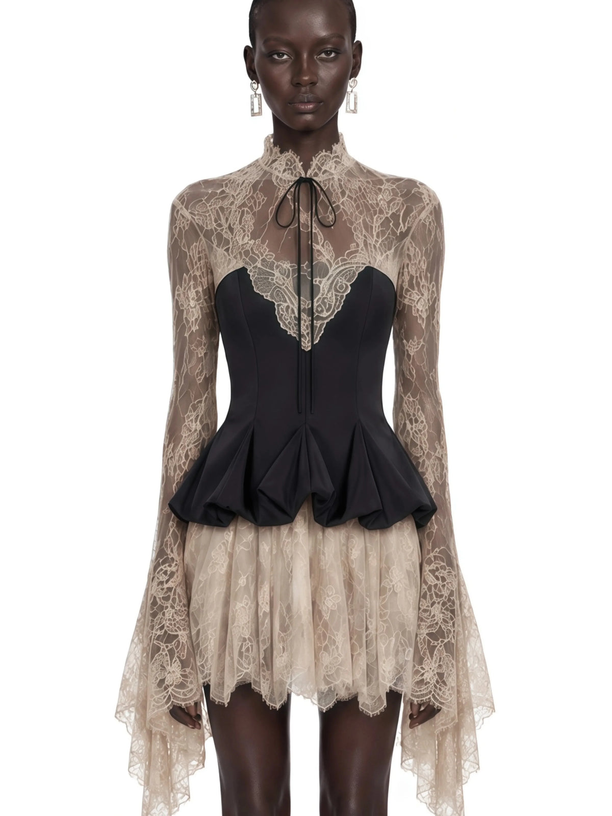 Lace Mini Evening Dress – High Neck Corset – Lace – Black | KIMLUD