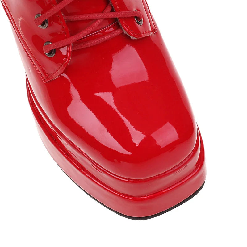 2022 Winter Women Ankle Boots Platform Square High Heel Ladies Ankle Boots Patent PU Leather Cross Tied Women's Shoes Big Size