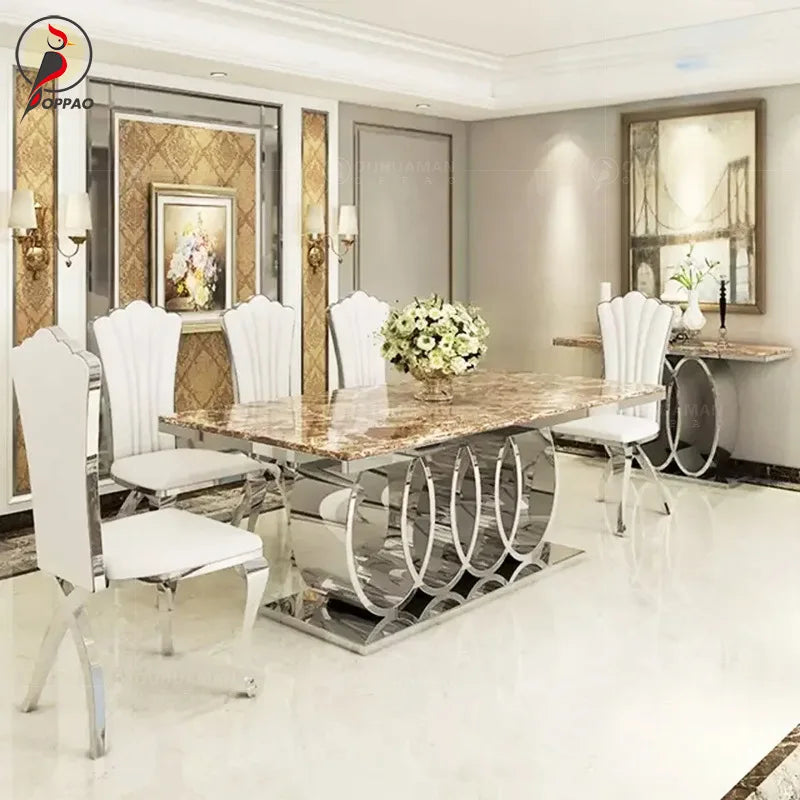 Sleek Stainless Marble Dining Table Set — Gold | KIMLUD