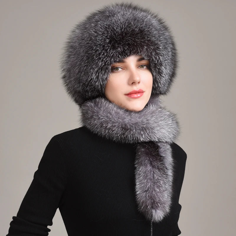 Real Fox Fur Hat With Rabbit Fur Top — Black | KIMLUD