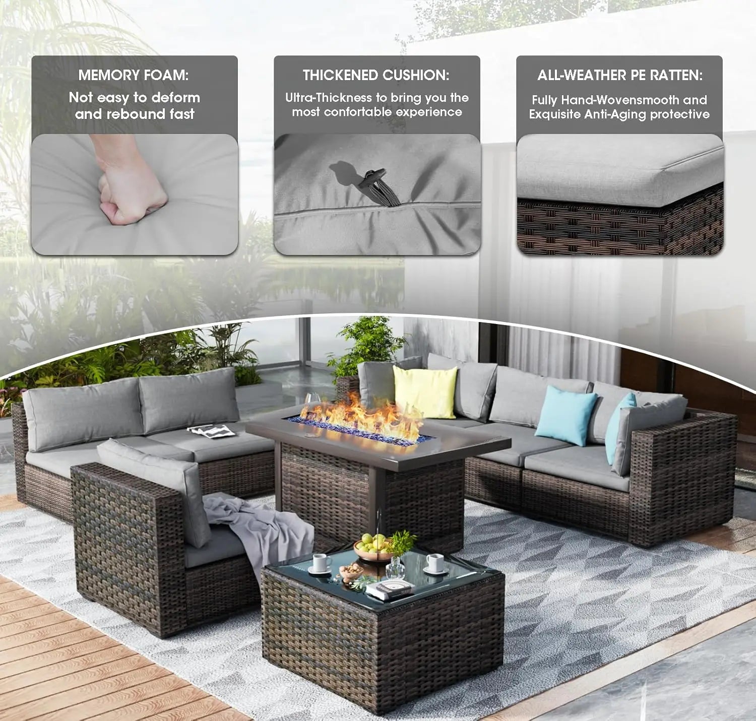 7 Pieces Outdoor Sectional Patio Furniture Set with Fire Pit Table PE Rattan Wicker Patio Sectional Conversation, Customized