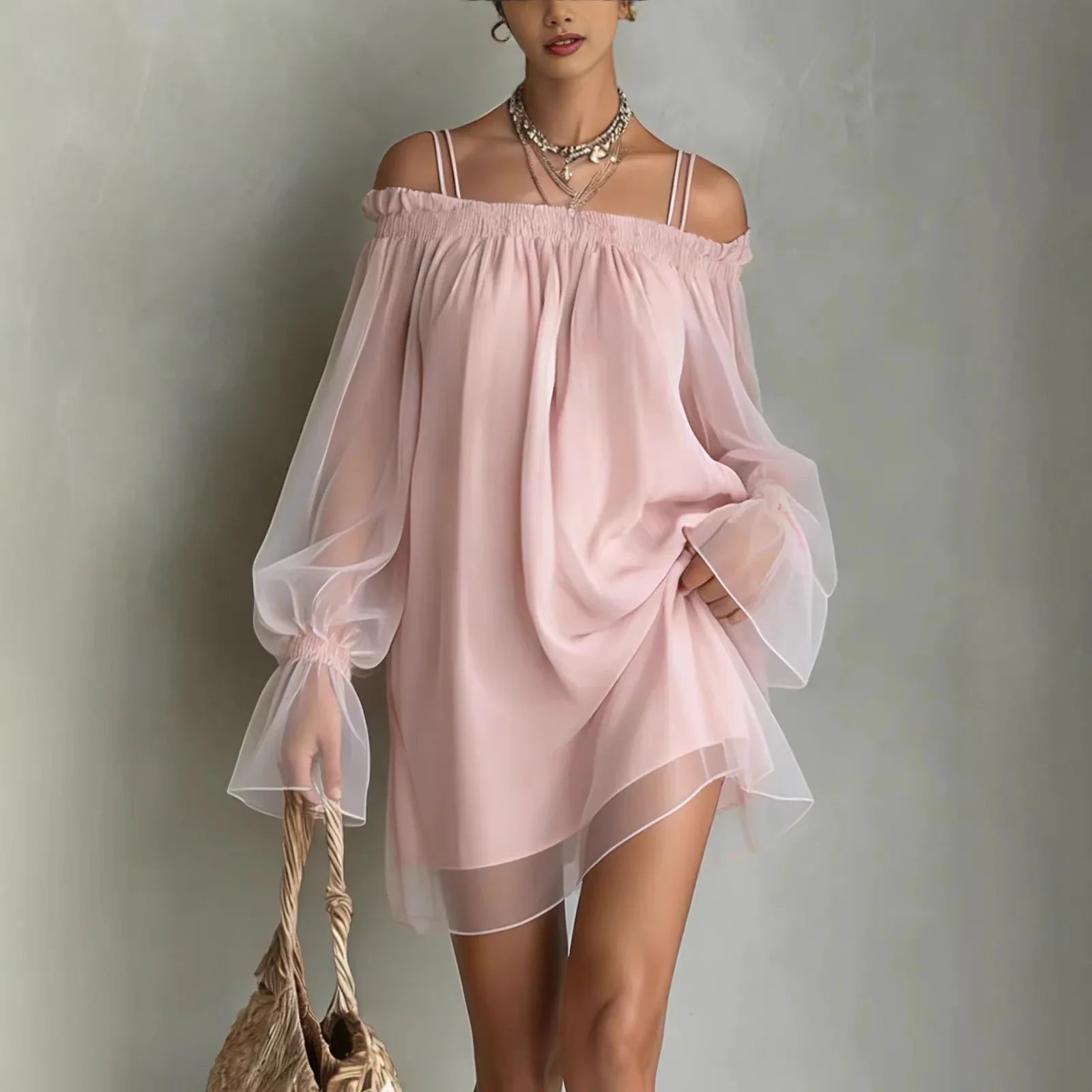 Mesh Off Shoulder Dress Double Strap Sheer Mini Silhouette With Soft Draping — Pale Pink | KIMLUD