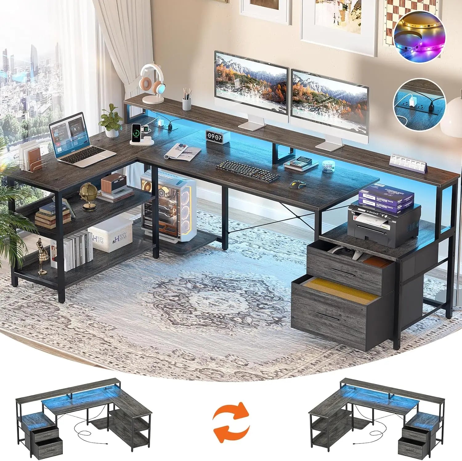 Aheaplus Reversible L Shaped Desk / Home Office Desk / Gaming Desk with File Drawer & Power Outlet & LED Strip