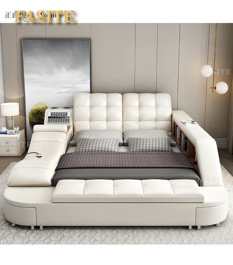 Genuine Leather Bed Tech Smart Multifunctional Massage, Bluetooth Speaker, Air Cleaner — White | KIMLUD
