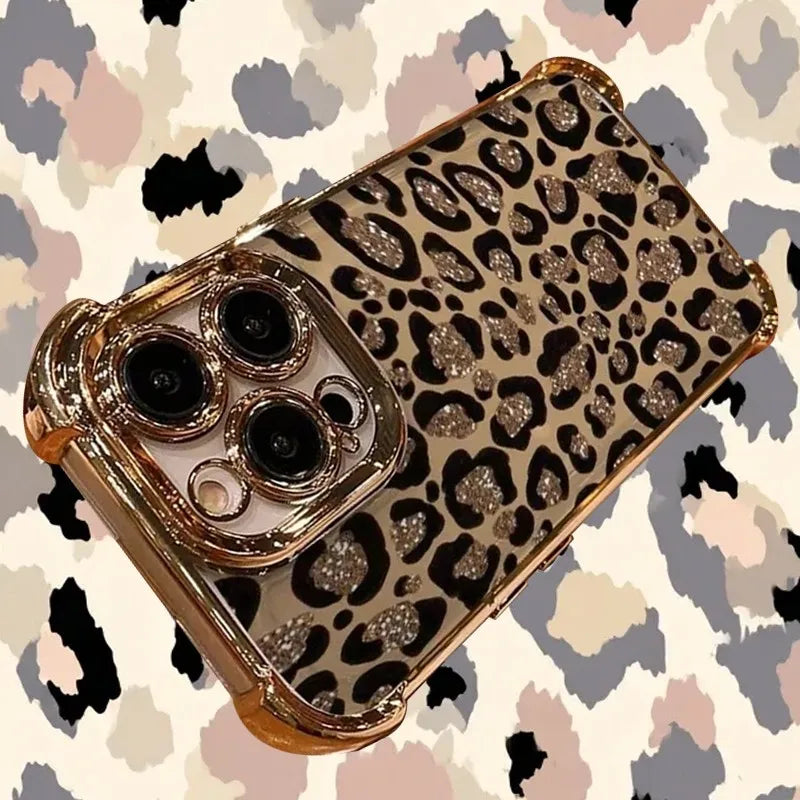 Glitter Phone Case Leopard Print Plating — Gold | KIMLUD