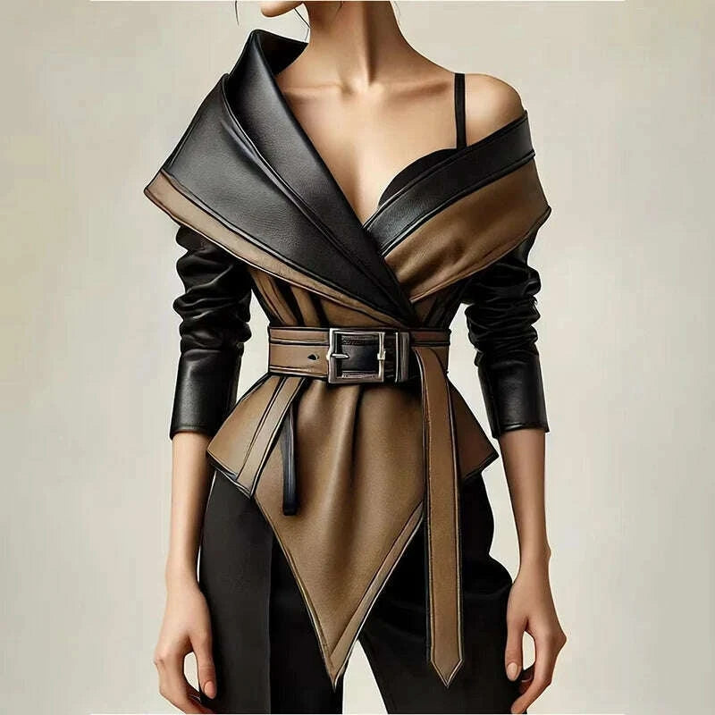 KIMLUD, PU Faux Leather Jacket for Women's One Shoulder Splice Irregular Hem Long Sleeve Leather Coat Casual Vintage Y2K Outerwear, KIMLUD Womens Clothes