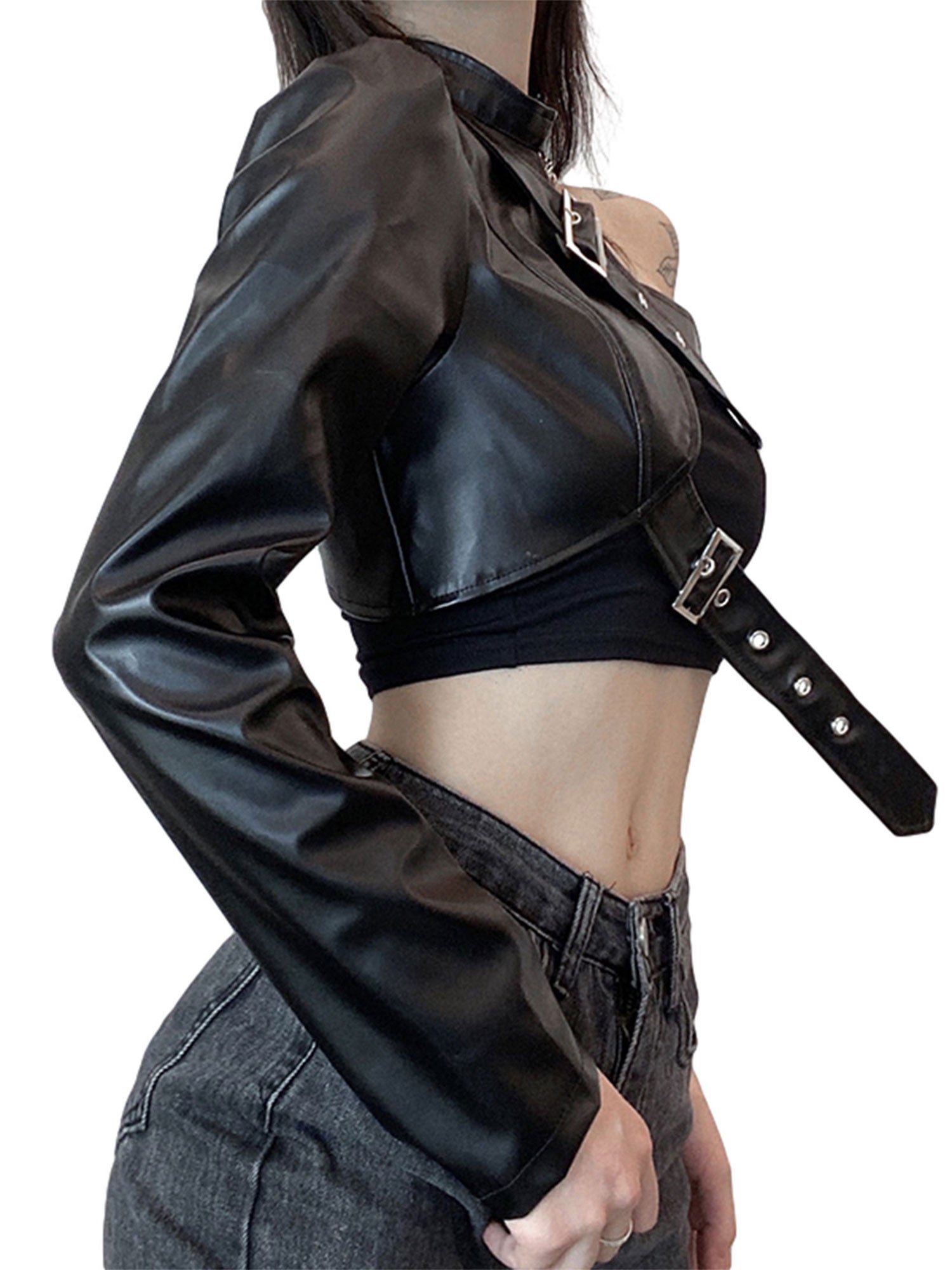 Leather Goth Crop Top for Women Punk Single Long Sleeve Neck Hanger Leather Belt Connected Tops 80s Emo Alt Punk Jacket Coat