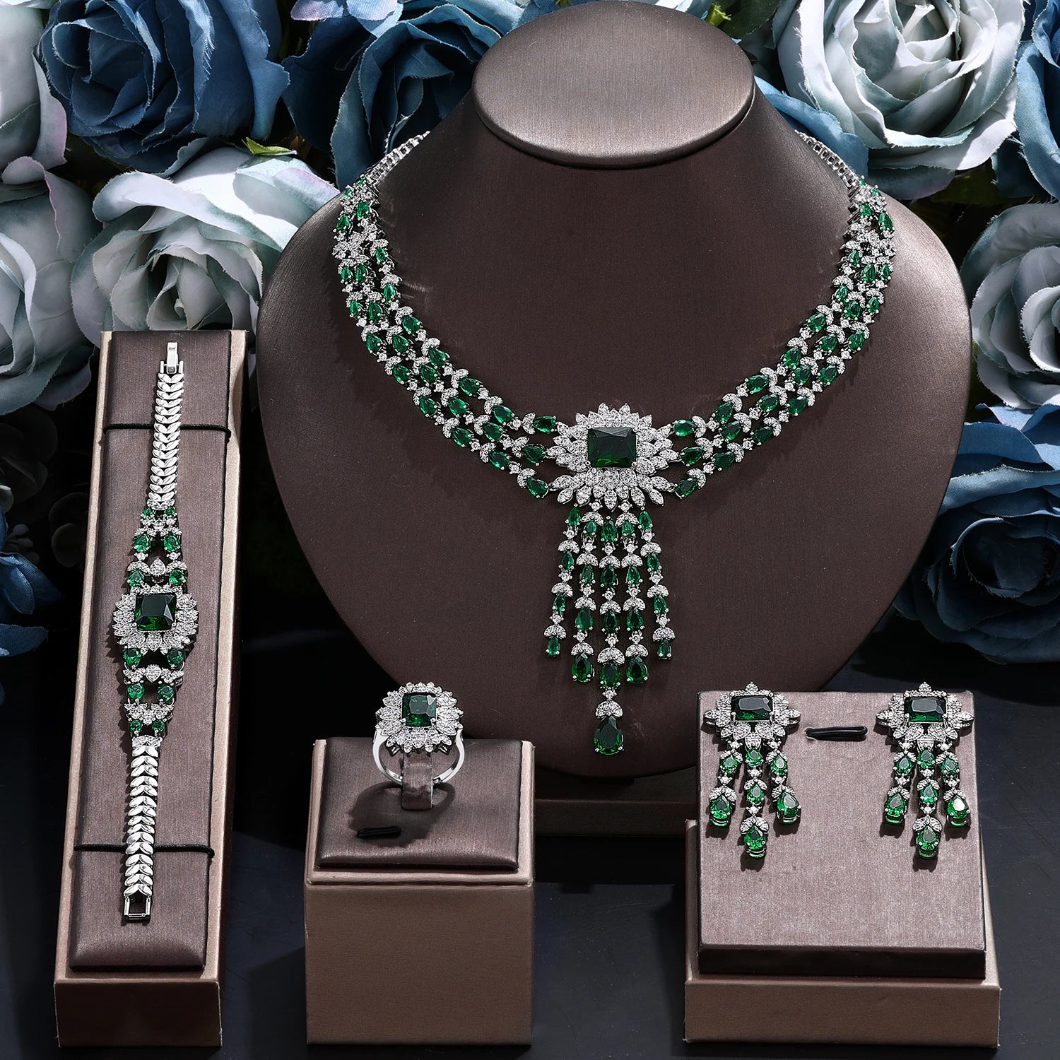 2024 Bridal Zirconia Full Jewelry Sets For Women Party 4pcs Luxury Dubai Nigeria CZ Crystal Wedding Necklace Sets