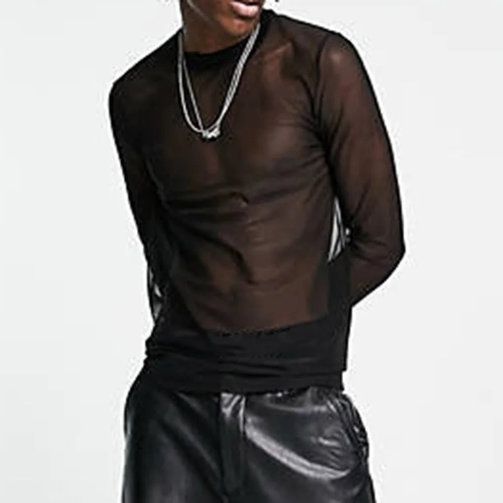 Transparent Mesh Long Sleeve Tee Muscle-Fit Silhouette With Sheer Detailing — Black | KIMLUD