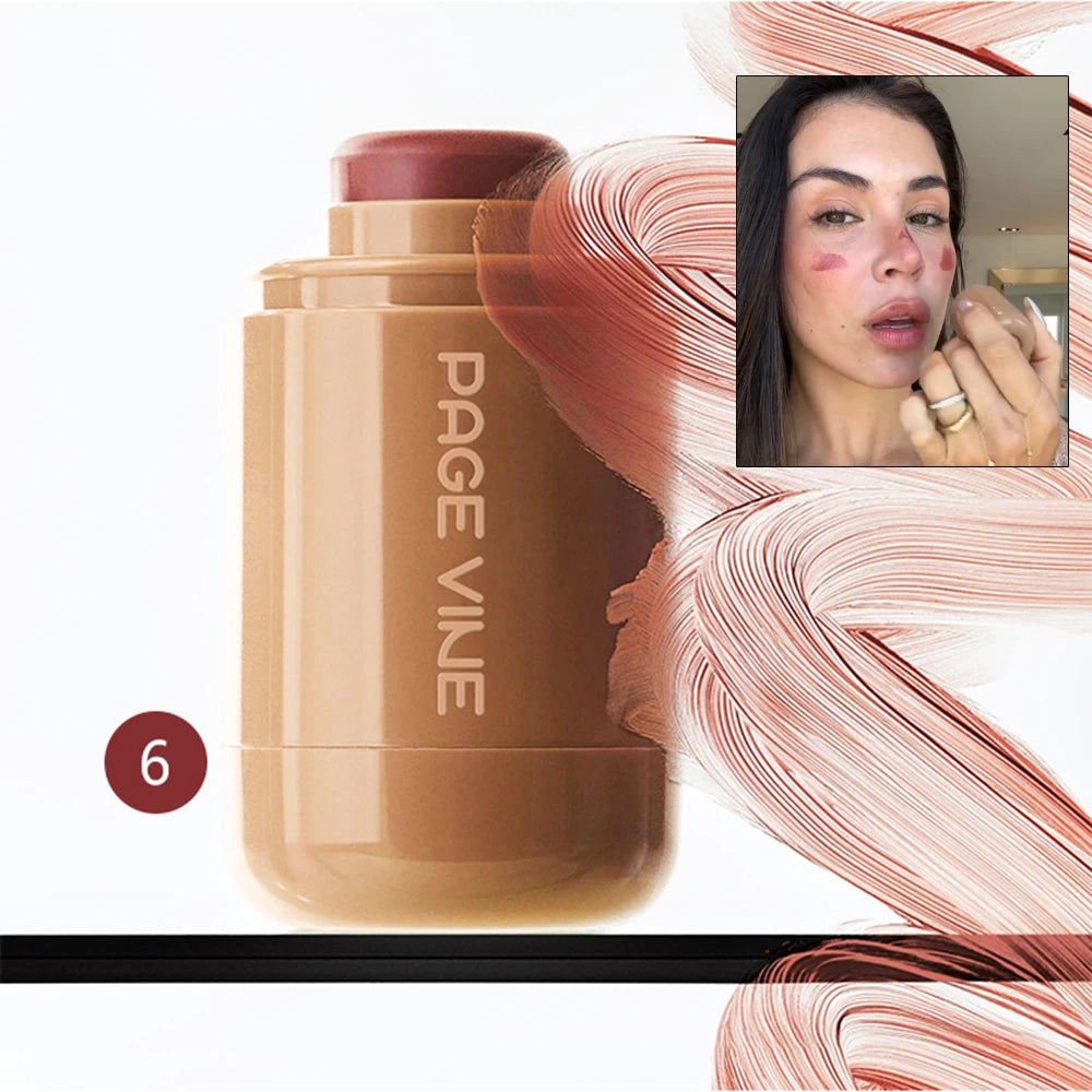 PAGE VINE Pocket Blush Stick Multi-Functional 6 Colors Lip & Cheek Highlighter Waterproof Natural Glow Balm