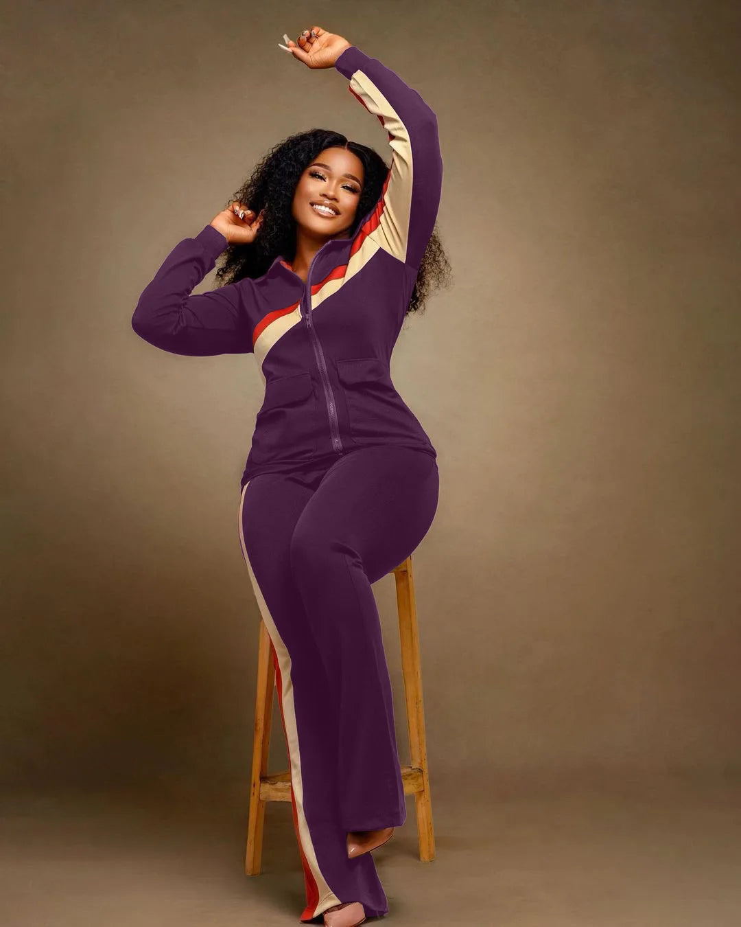 Custom LOGO Spring  Women's Sports Casual Fashion Color-matching Pocket Lapel Zipper Top Straight Pants Two-piece Set S-4XL