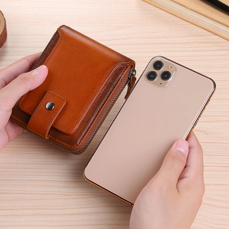 Wallet – Cowhide Leather Anti-Theft – Zipper Wallet 2 Cash Slots | KIMLUD