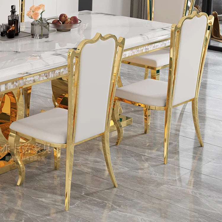 Marble Dining Table Set With Gold-Tone Frame — White | KIMLUD