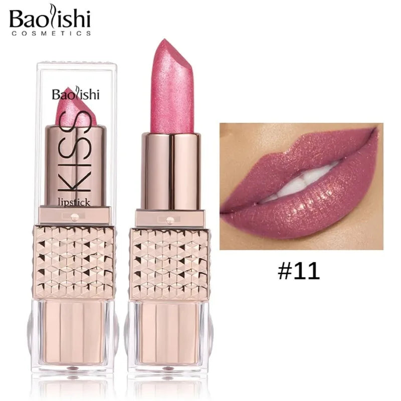 12 Colors Glitter Shiny Lipstick Waterproof Long Lasting Pearlescent Shimmer Lip Tint Diamond Easy Color Lipstick Deluxe Makeup