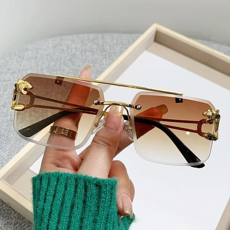 Rimless Square Sunglasses Gold-Tone Frame With Sculpted Hinges And Signature Shine — Black | KIMLUD