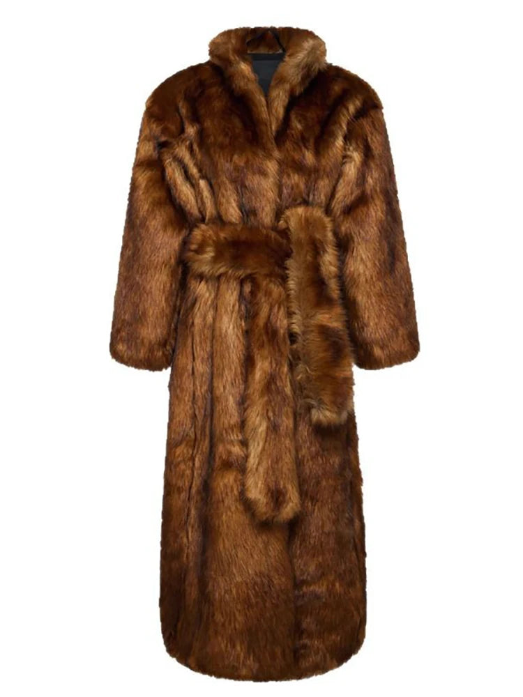 DEAT Fashion Brown X-long Faux Fur Coat Women's Lapel Loose Long Sleeves Sashes Plush Thick Overcoat Winter New 7A1470