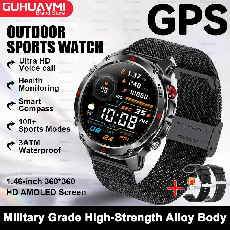 2025 New Outdoor Sport Smart Watch Men HD AMOLED Screen  Six Star GPS Positioning Heart Rate Bluetooth Call IP69/5ATM SmartWatch