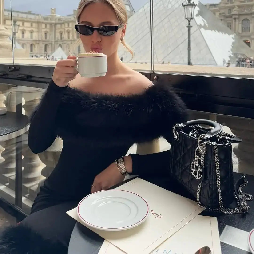 Off-Shoulder Midi Dress – Faux Fur Long Sleeve – Black | KIMLUD