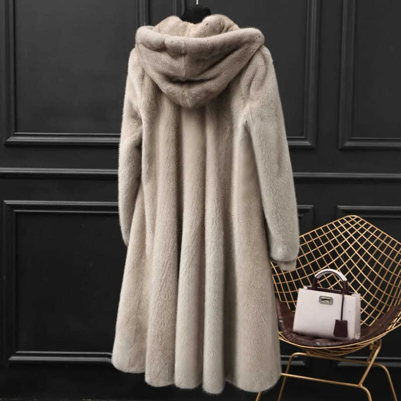 Mid-Length Hooded Luxe Faux Fur Coat — Black | KIMLUD