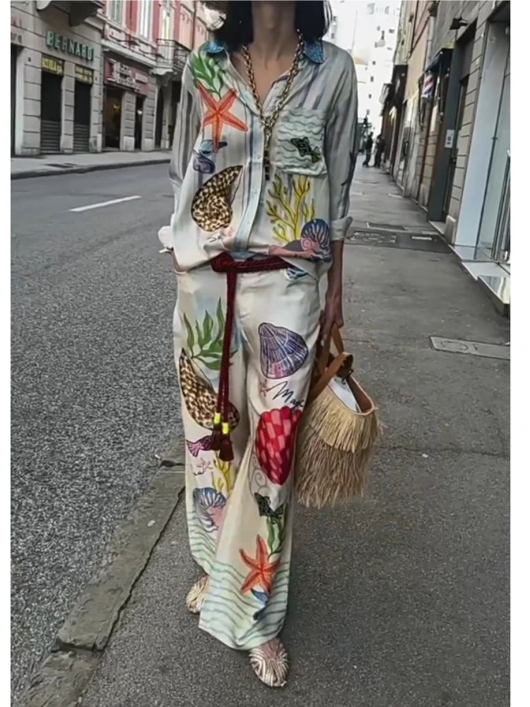 Two Piece Satin Set – Bohemian Print – Loose Fit – Long Sleeve Shirt & Wide Leg Pants | KIMLUD